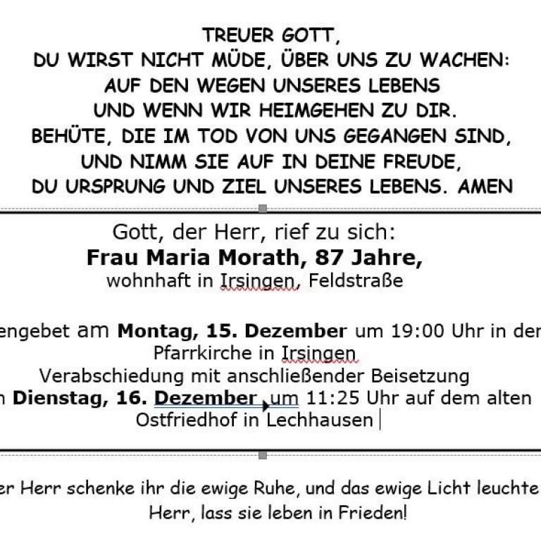 Aushang Irsingen Maria Morath
