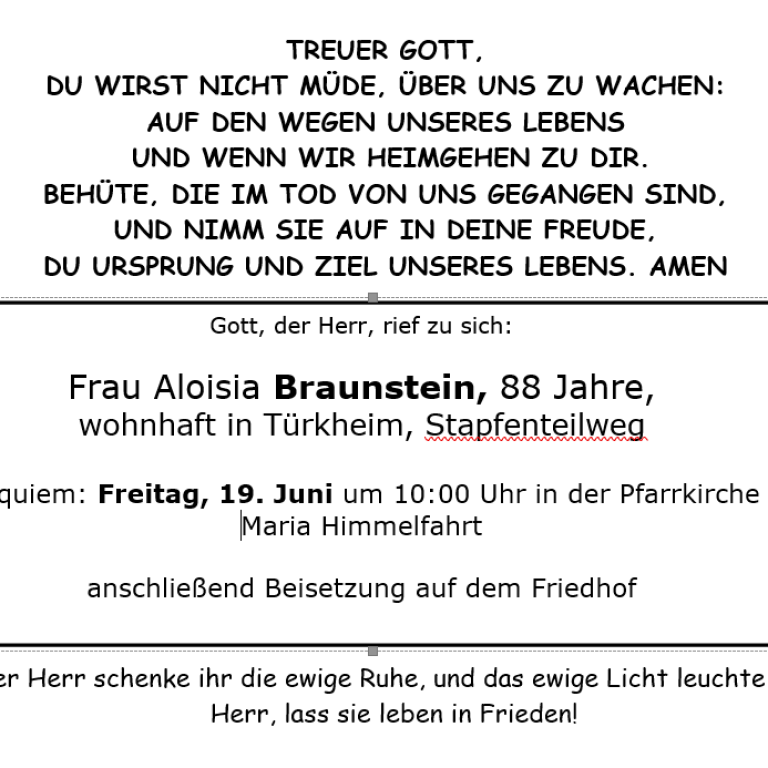 Aushang Aloisia Braunstein