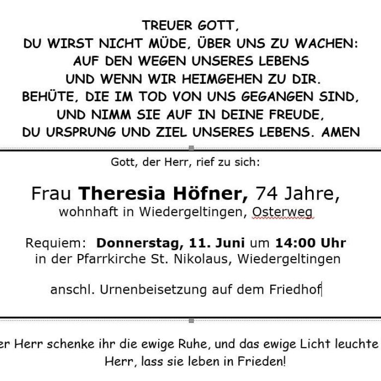 Aushang Theresia Höfner Wi
