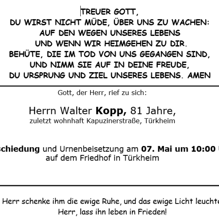 Aushang Walter Kopp